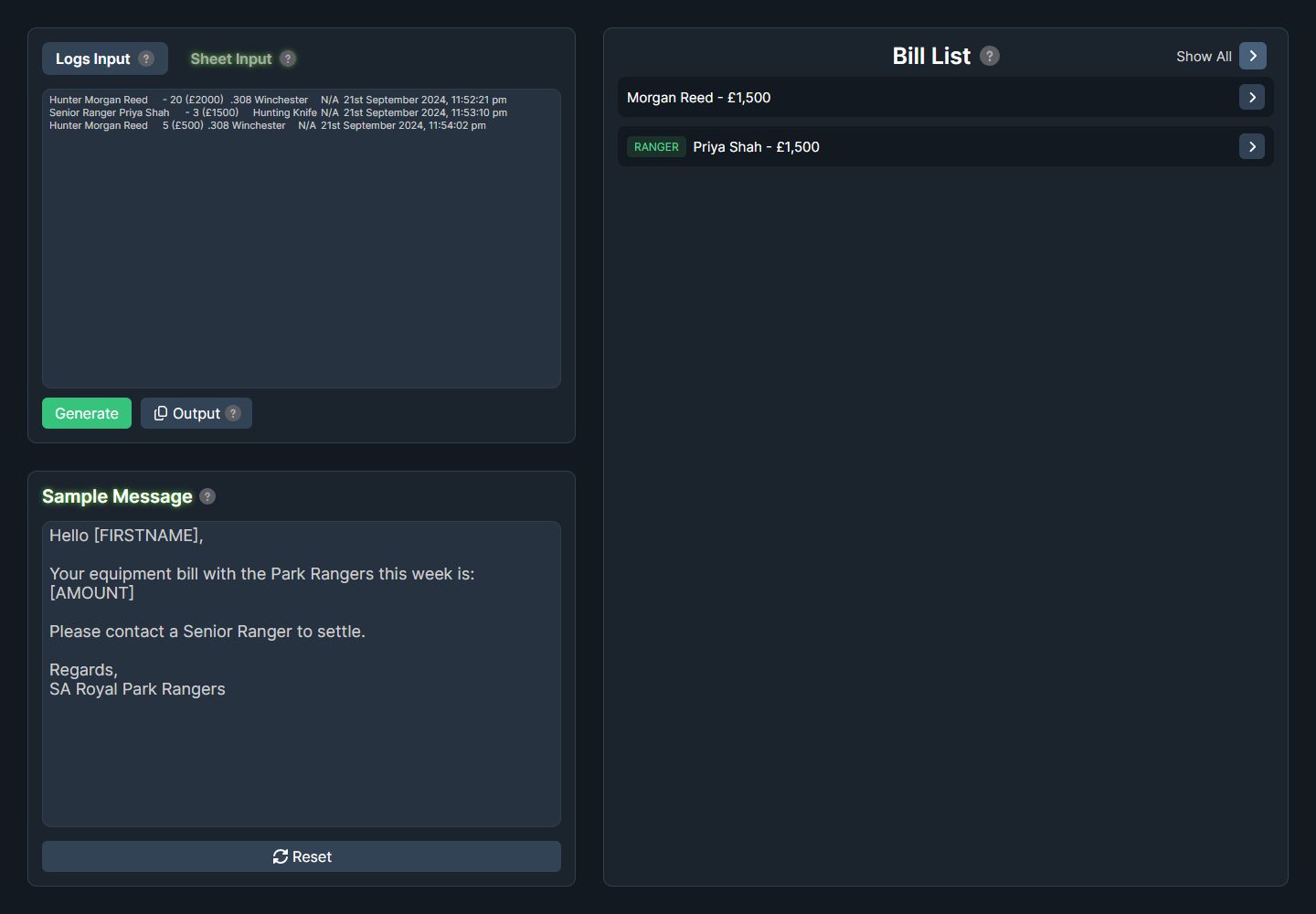 The Park Ranger Bills Helper showing parsed weekly billing information