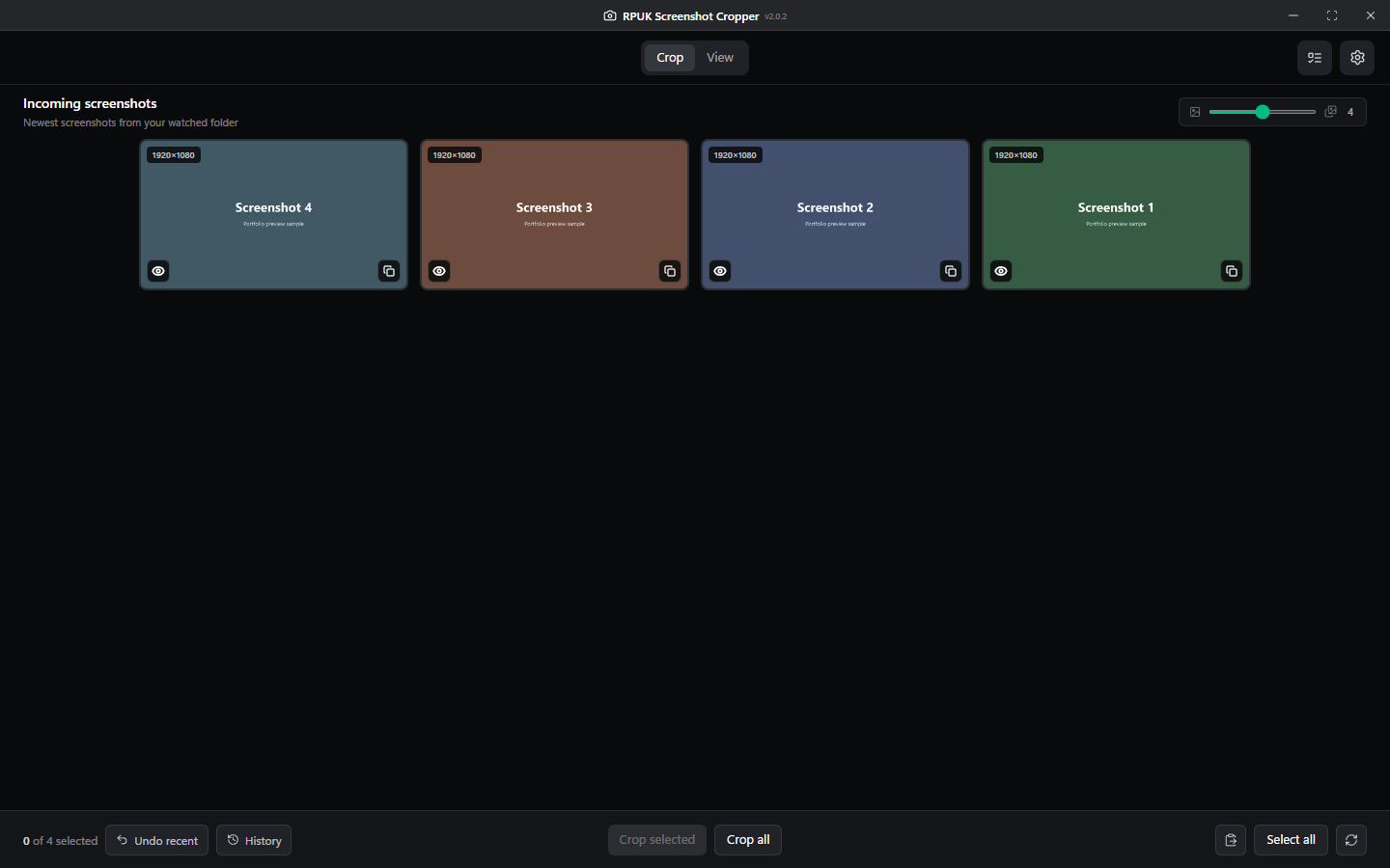 The RPUK Screenshot Cropper displaying a batch of incoming screenshots