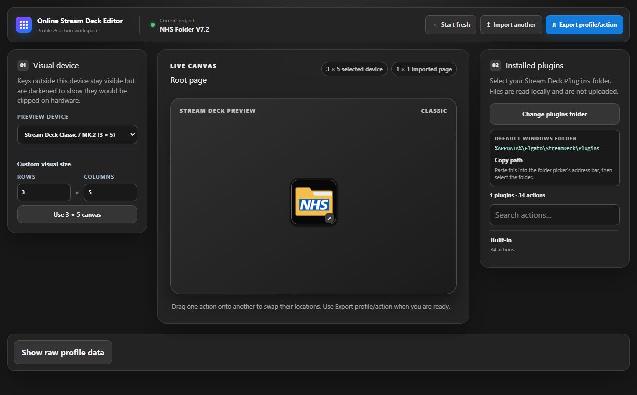 A Stream Deck profile open in the browser-based editor
